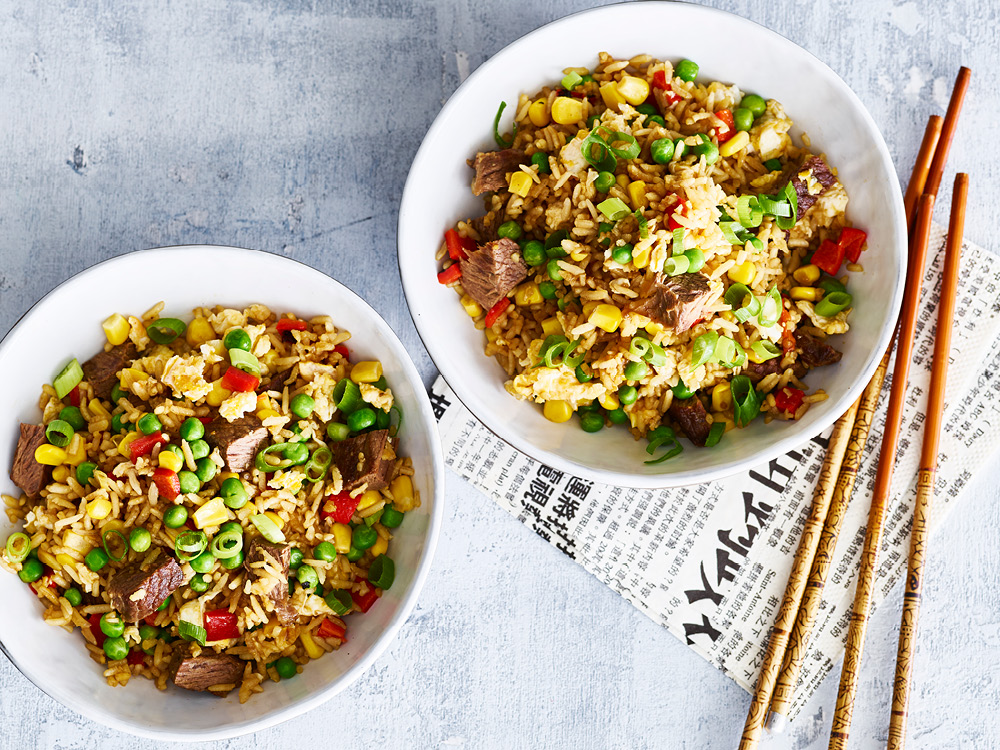 Beef Fried Rice with Corn and Peas | Savory