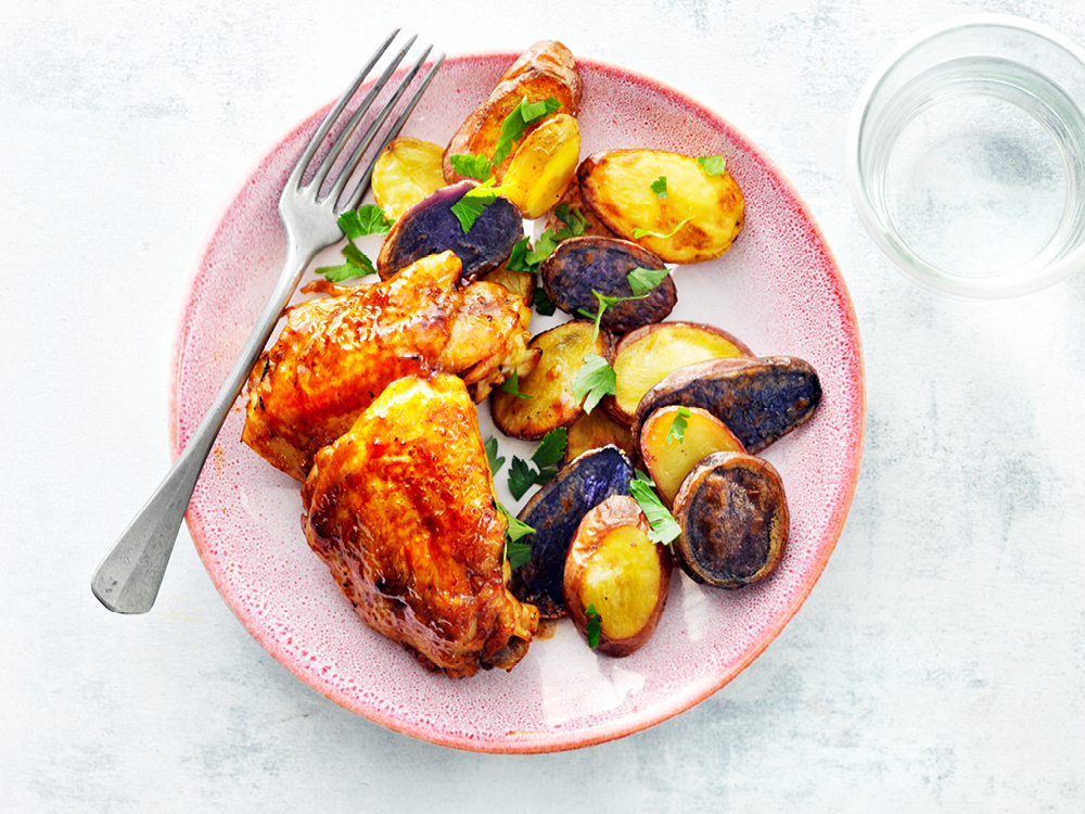 Maple BBQ Chicken Thighs with Roasted Potatoes | Savory