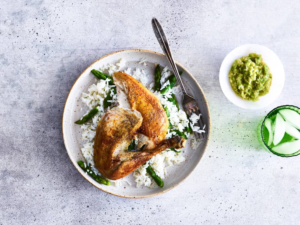 Chicken with Ginger–Green Onion Sauce and Rice with Asparagus | Savory