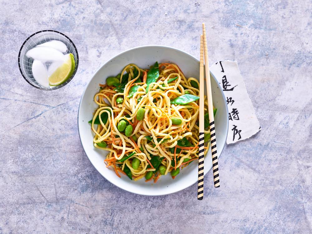 Cold Noodles with Edamame, Snow Peas, and Carrots | Savory