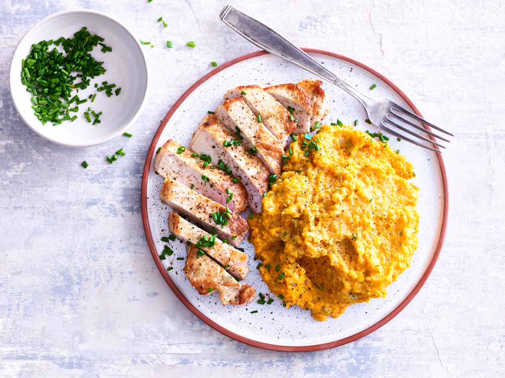 Boneless Pork Chops with Herbed Sweet Potato Mash | Savory