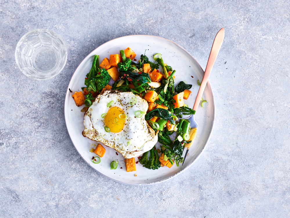 Sweet Potato and Broccoli Rabe Hash with Fried Eggs | Savory