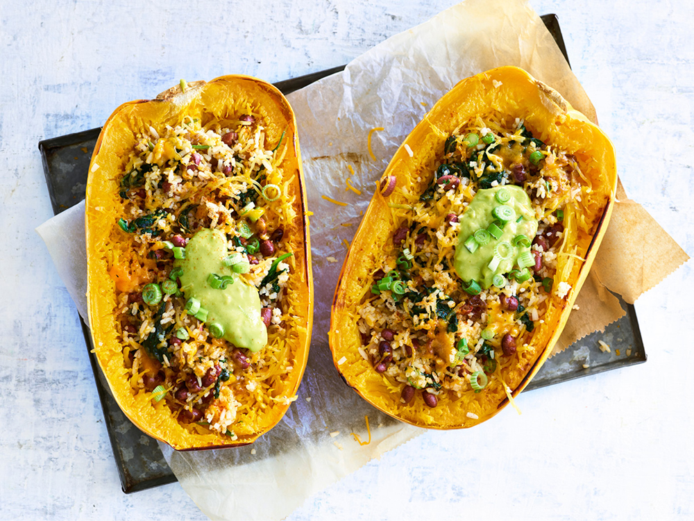 Spaghetti Squash Halves Stuffed with Spinach, Rice, and Cheese | Savory