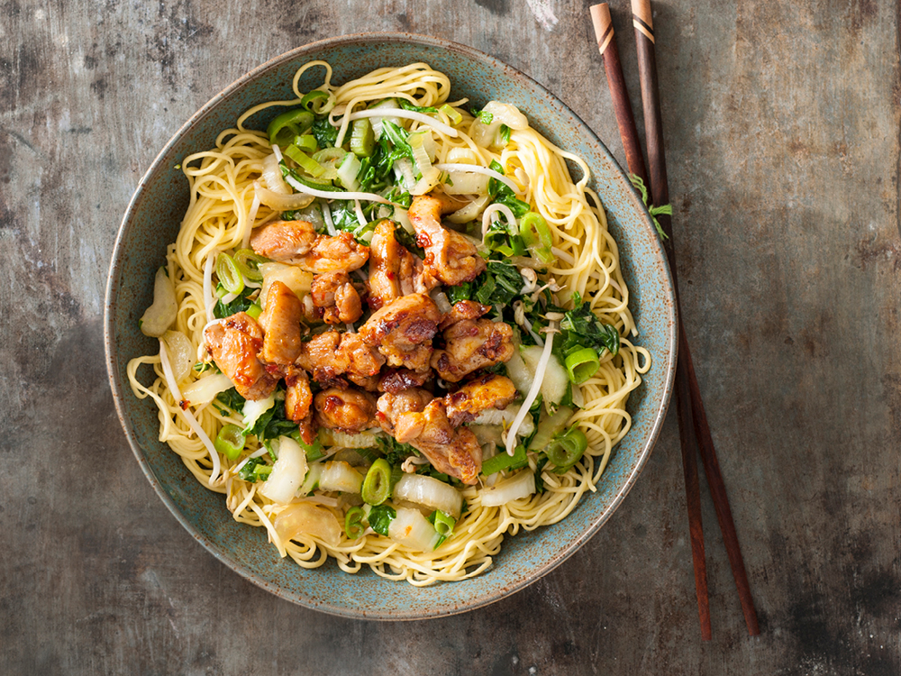 Noodles with Spicy Chicken and Bok Choy Savory