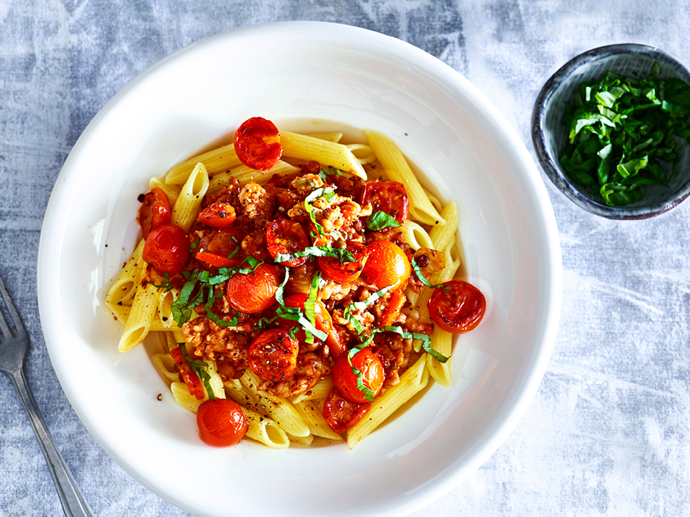 Penne with Turkey Bolognese and Broiled Tomatoes Savory