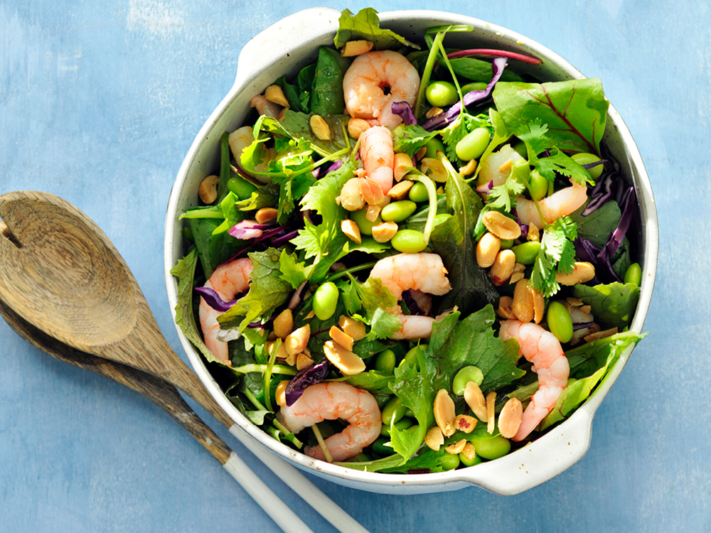 Salad with Shrimp, Edamame, and Sesame Vinaigrette | Savory