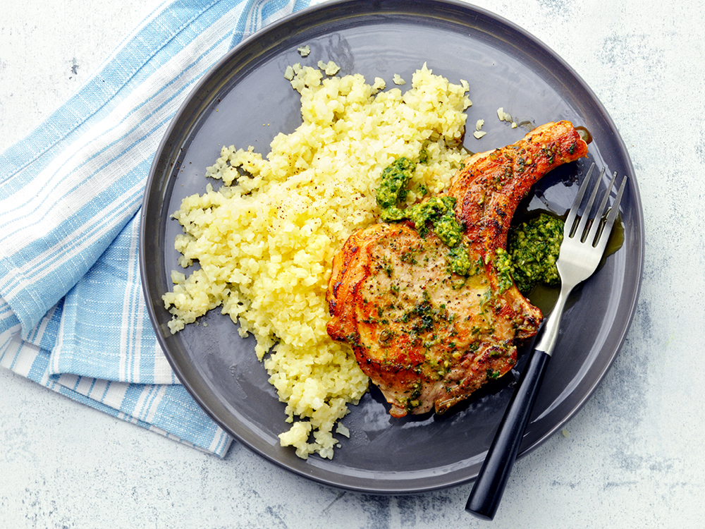 Pesto Pork Chops with Buttery Cauliflower | Savory