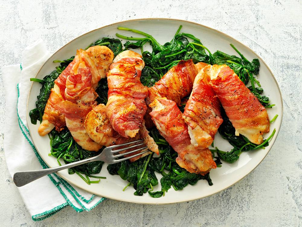 BaconWrapped Chicken with Spinach Savory