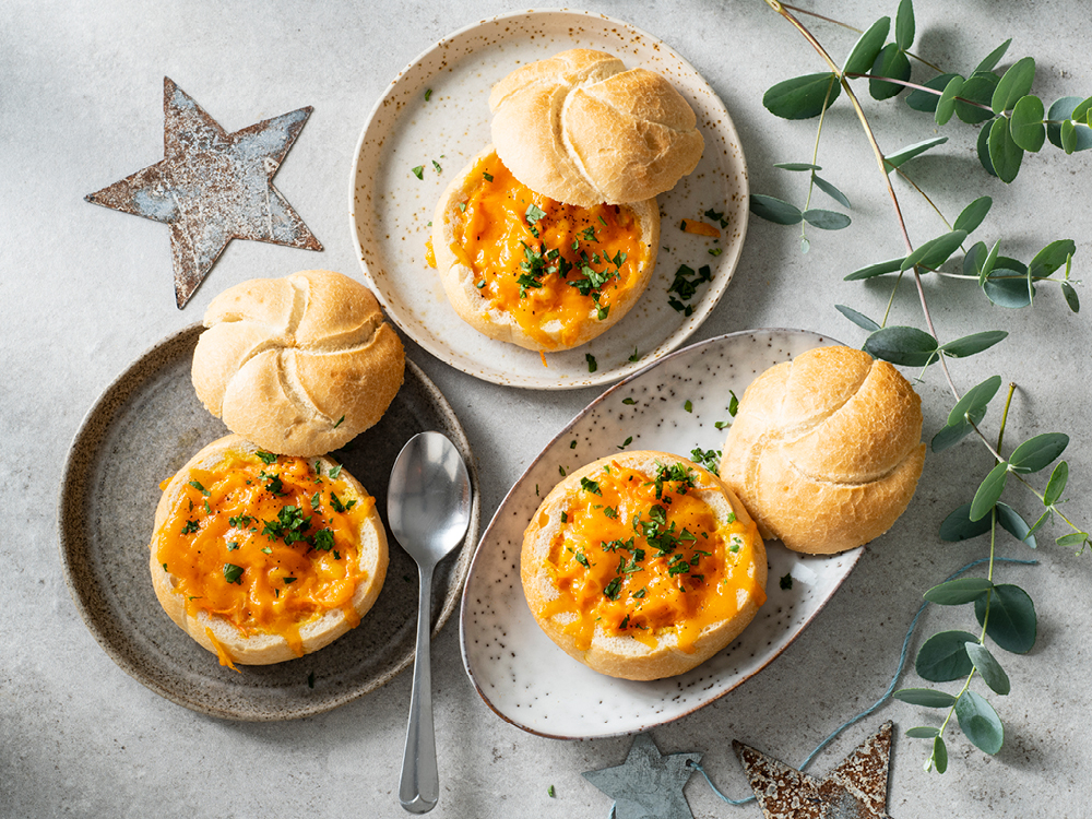 Carrot-Cheddar Soup in Bread Bowls | Savory