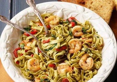 Pesto Shrimp and Fettuccine with Roasted Peppers and Spinach