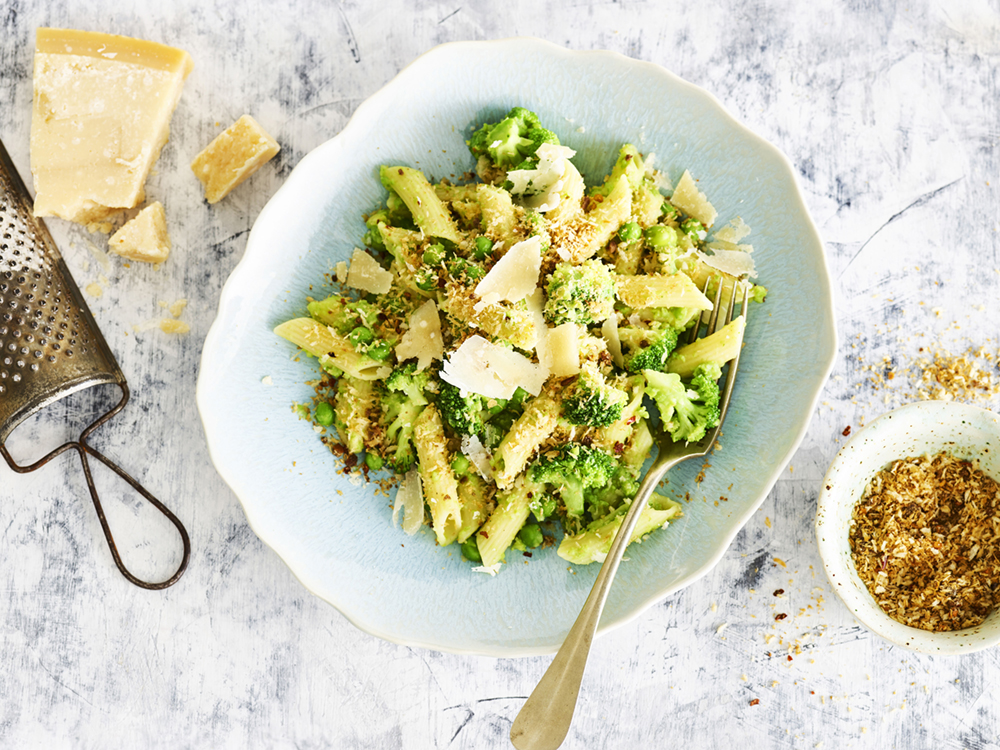 Penne with Broccoli, Anchovy Crumbs, and Peas | Savory