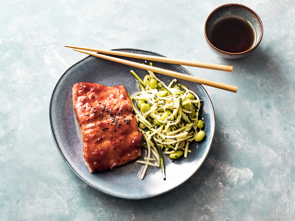 Korean BBQ-Glazed Salmon with Zoodle Salad | Savory