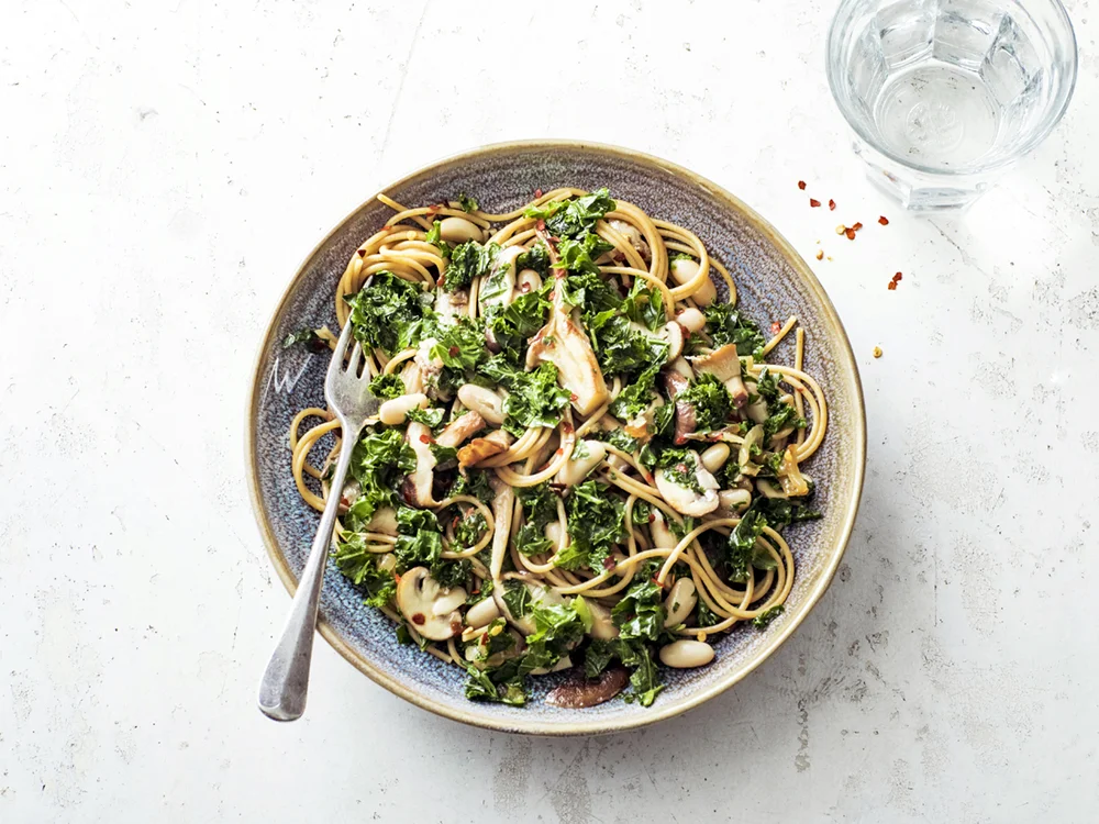 Whole Wheat Spaghetti with Wild Mushrooms and Kale | Savory