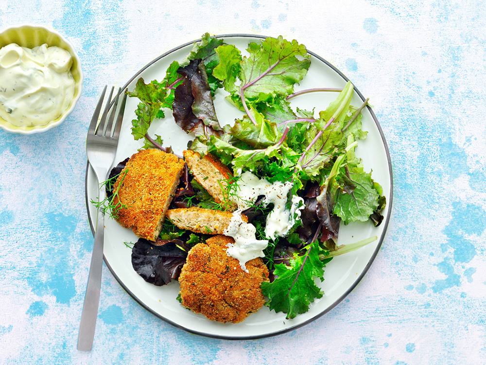 Pan-seared Salmon Cakes over Greens | Savory