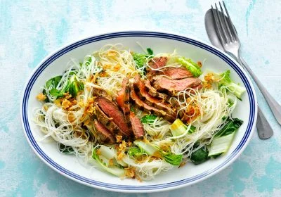 Steak and Bok Choy over Rice Noodles
