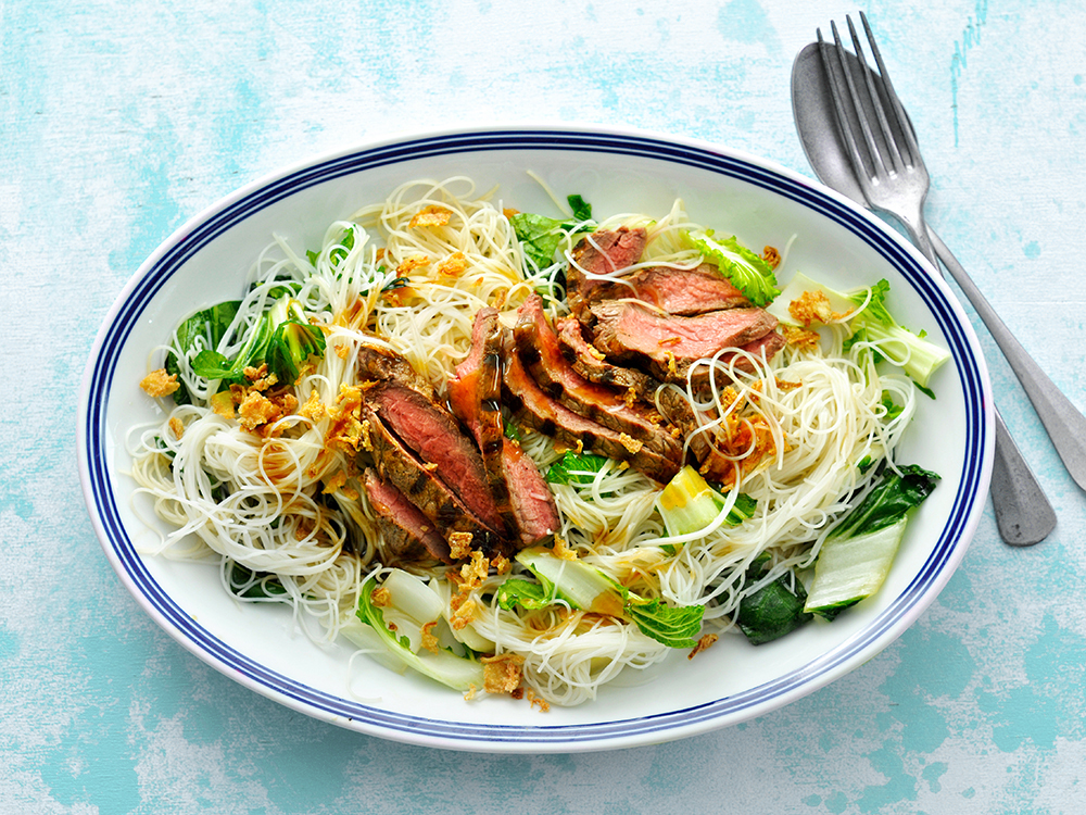 Steak and Bok Choy over Rice Noodles Savory