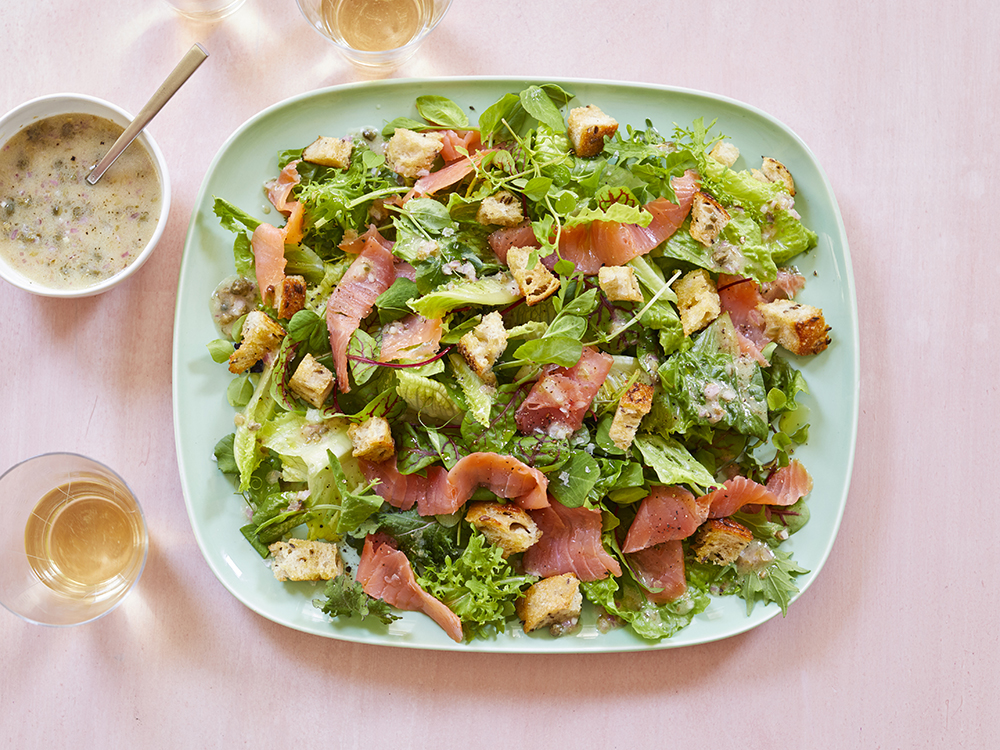 Salad with Smoked Salmon and Rye Croutons | Savory