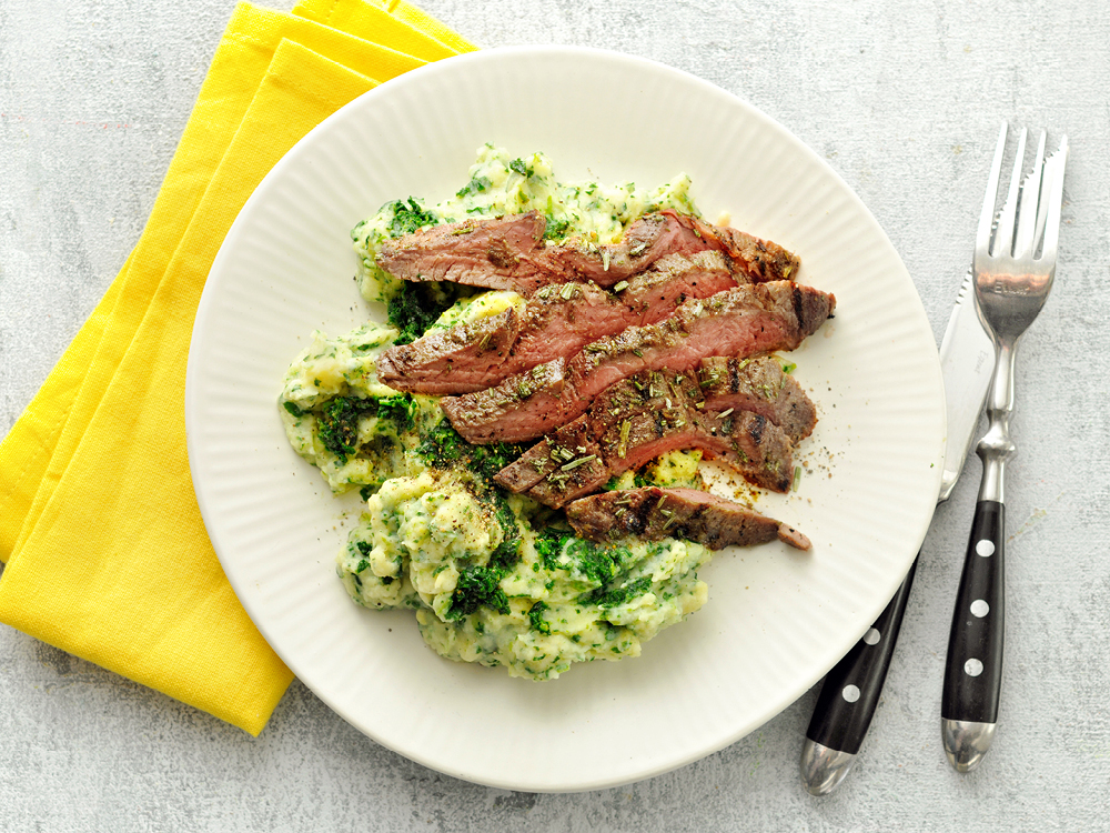 Grilled Steak with Mashed Potatoes and Greens-image