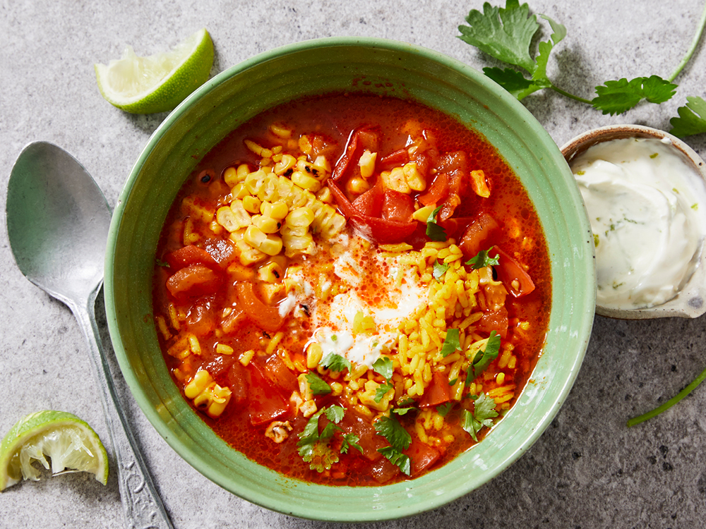 Red Pepper and Corn Soup with Spanish Rice | Savory