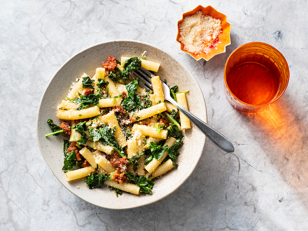 Rigatoni with Chorizo and Wilted Greens | Savory