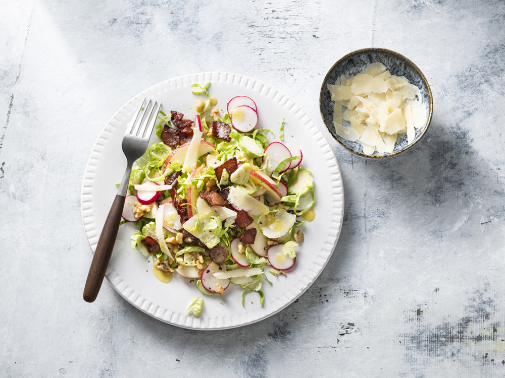 Brussels Sprout Salad with Warm Bacon Vinaigrette | Savory