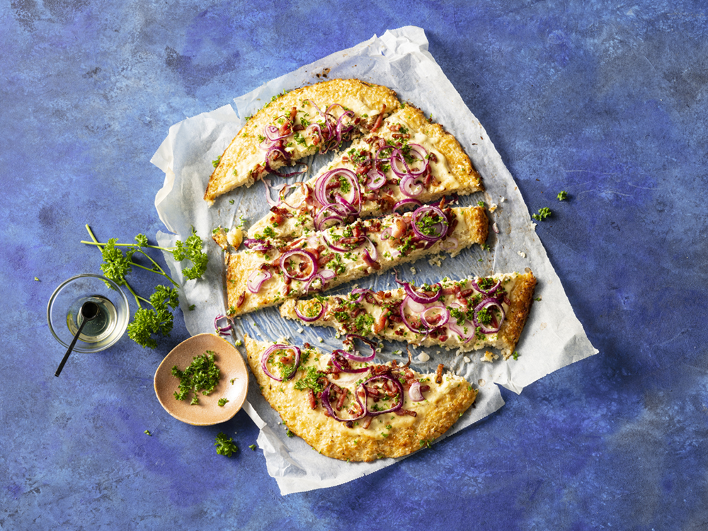 Cauliflower-Crust Pizza with Bacon | Savory