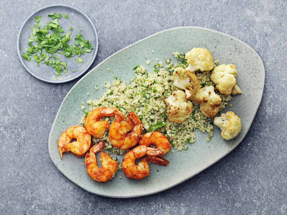 Roasted Shrimp and Cauliflower with Quinoa Tabbouleh | Savory