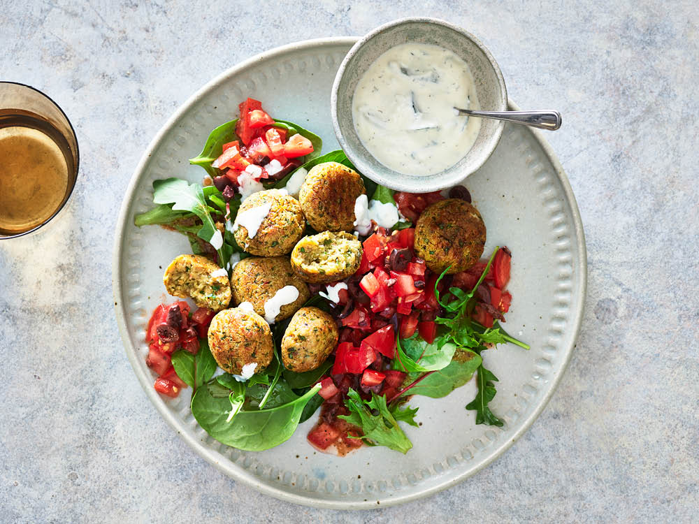 Baked Falafel with Tomato-Olive Salad | Savory