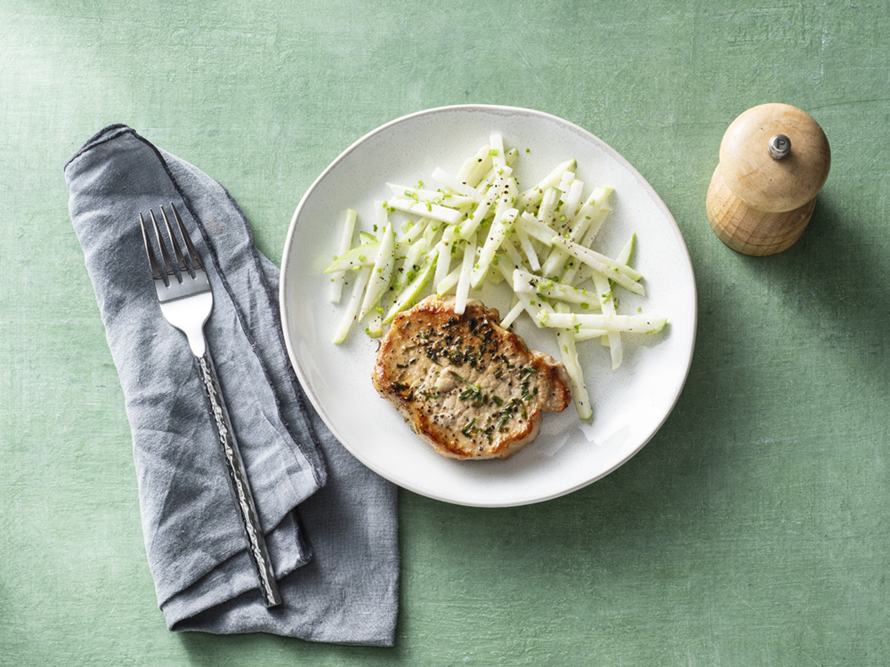 Apple and Kohlrabi Slaw over Pork Chops | Savory