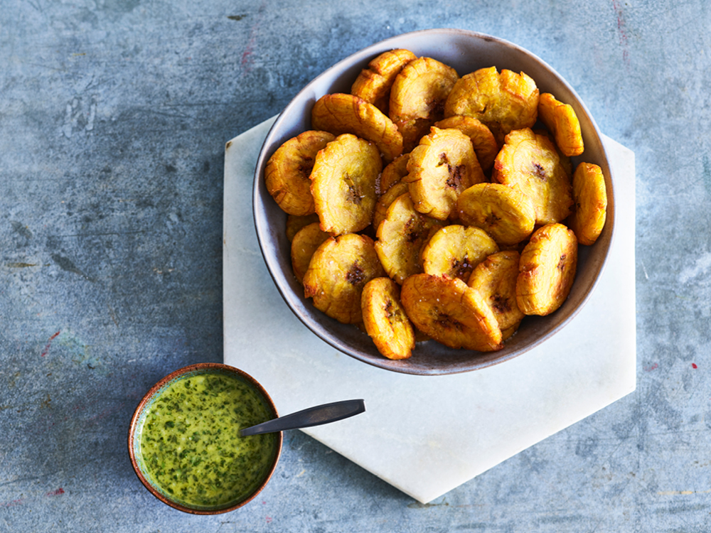 Twice-Fried Plantains with Green Herb Sauce | Savory