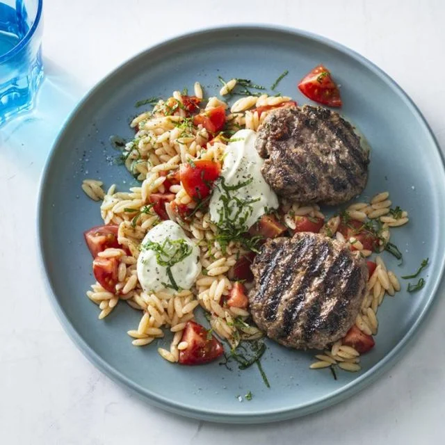 Grilled Beef Patties with Orzo Salad