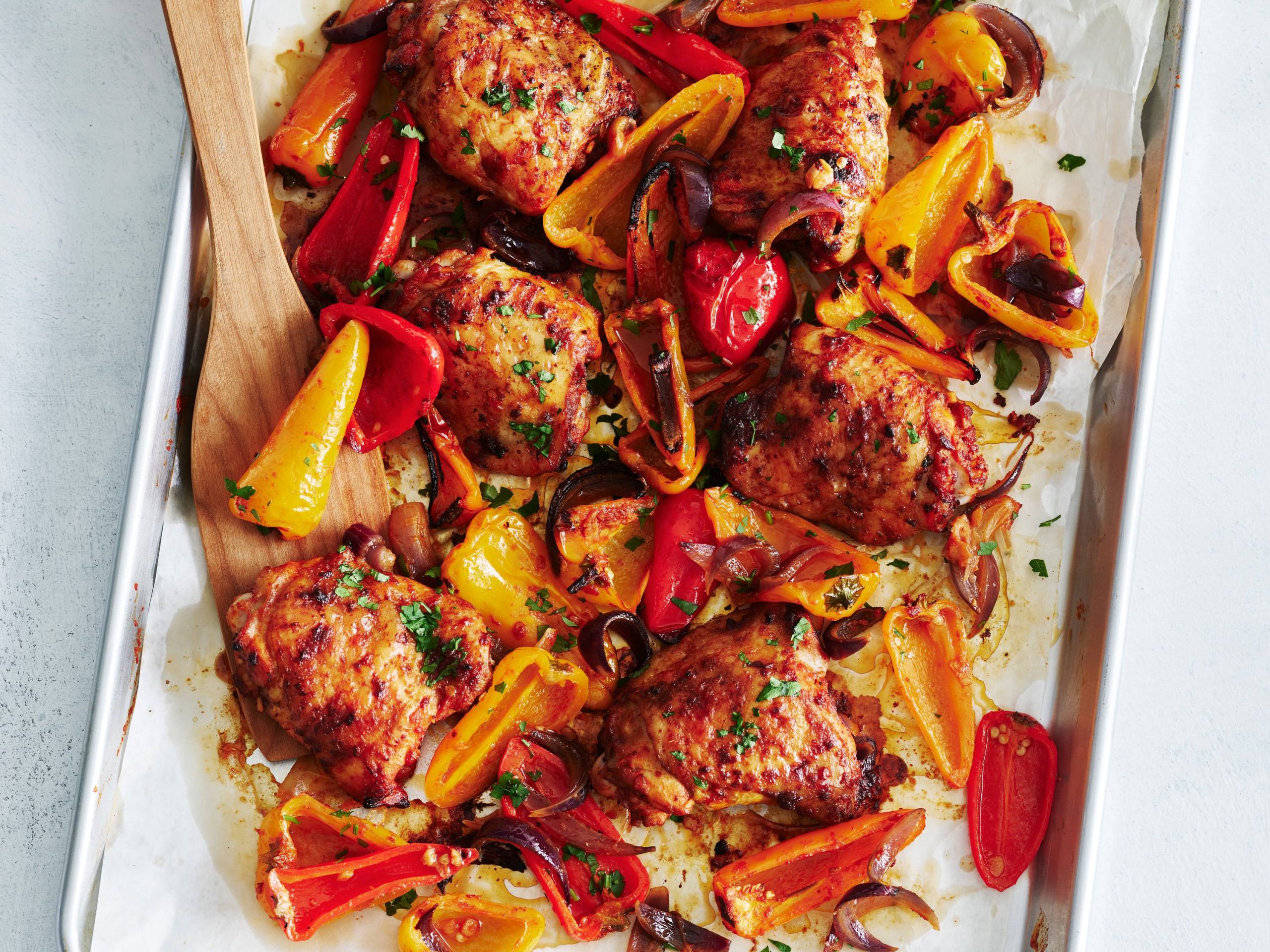 Sheet-Pan Chicken Thighs with Sweet Peppers | Savory