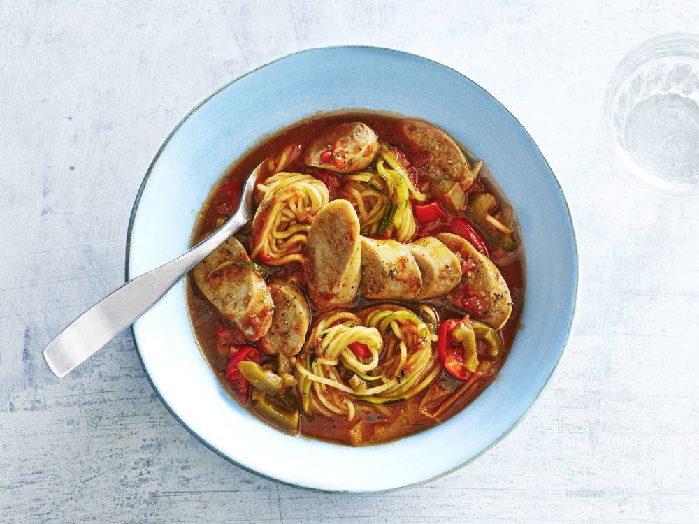 Zoodles with Slow Cooker Sausage and Peppers | Savory