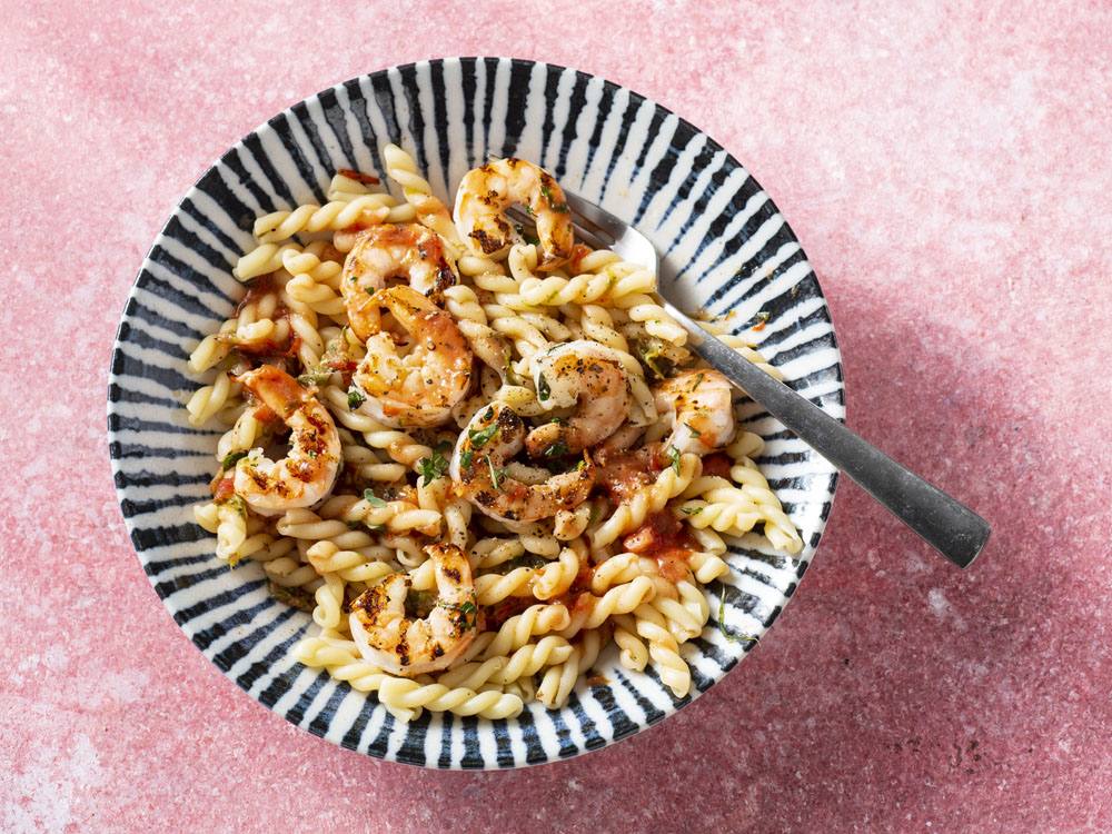 Gemelli with Grilled Tomatoes and Shrimp | Savory