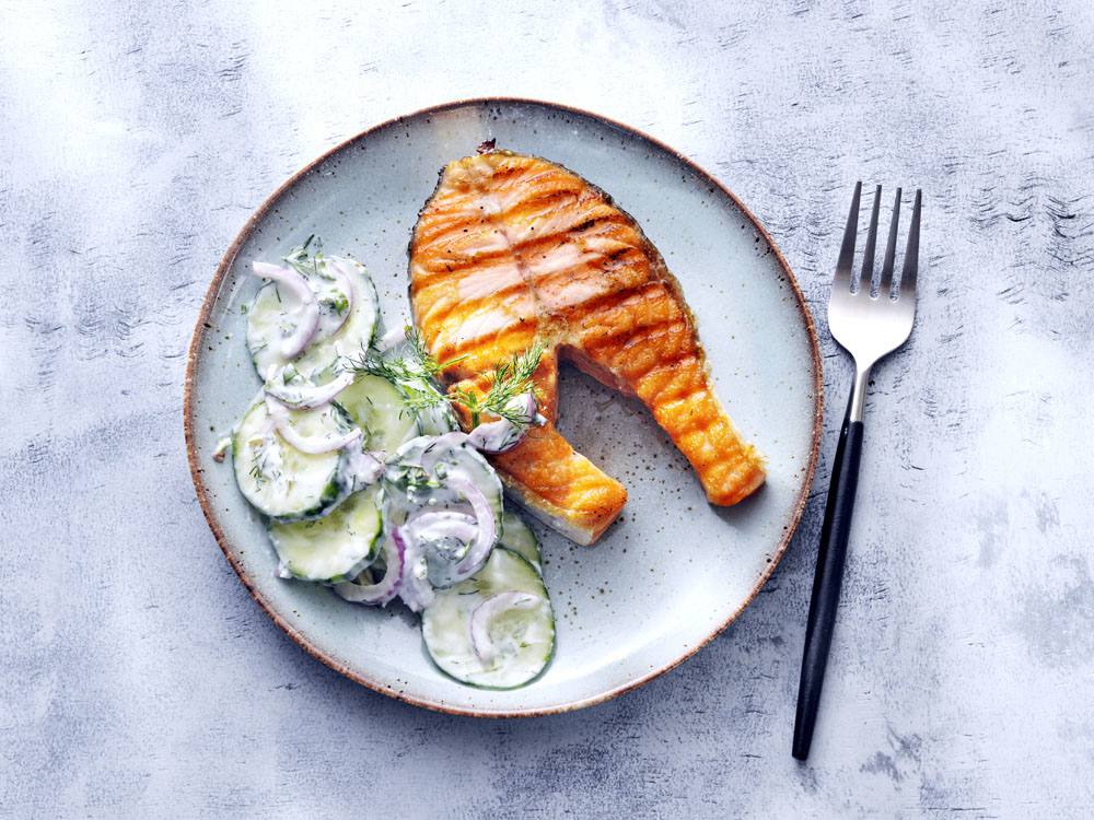 Grilled Salmon Steaks with Cucumber Salad | Savory