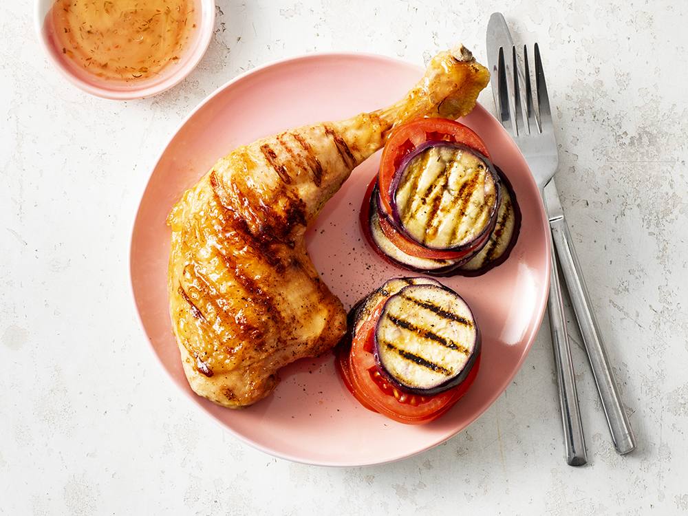 Grilled Chicken with Eggplant-Tomato Stacks | Savory
