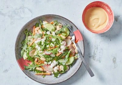 Cucumber, White Bean, and Feta Salad with Hummus Dressing