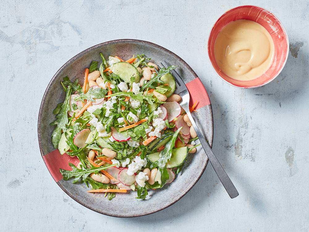 Cucumber, White Bean, and Feta Salad with Hummus Dressing | Savory