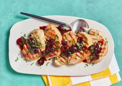Grilled Pork Chops with Marinated Cherries