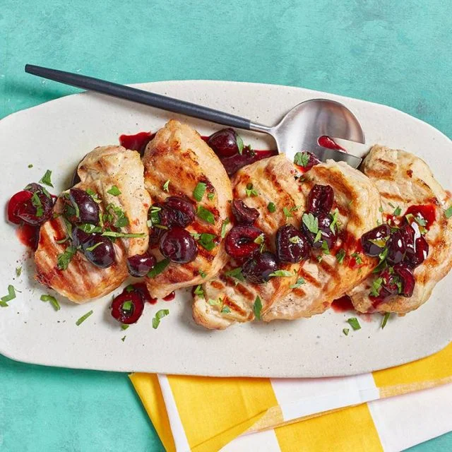 Grilled Pork Chops with Marinated Cherries