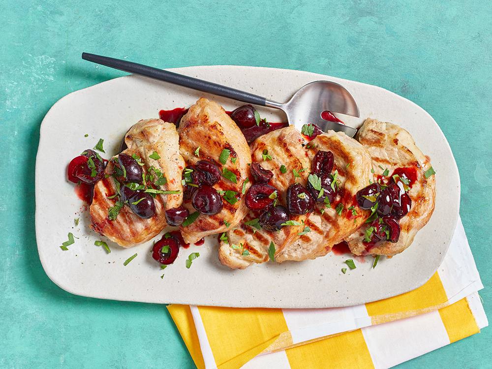 Grilled Pork Chops with Marinated Cherries | Savory