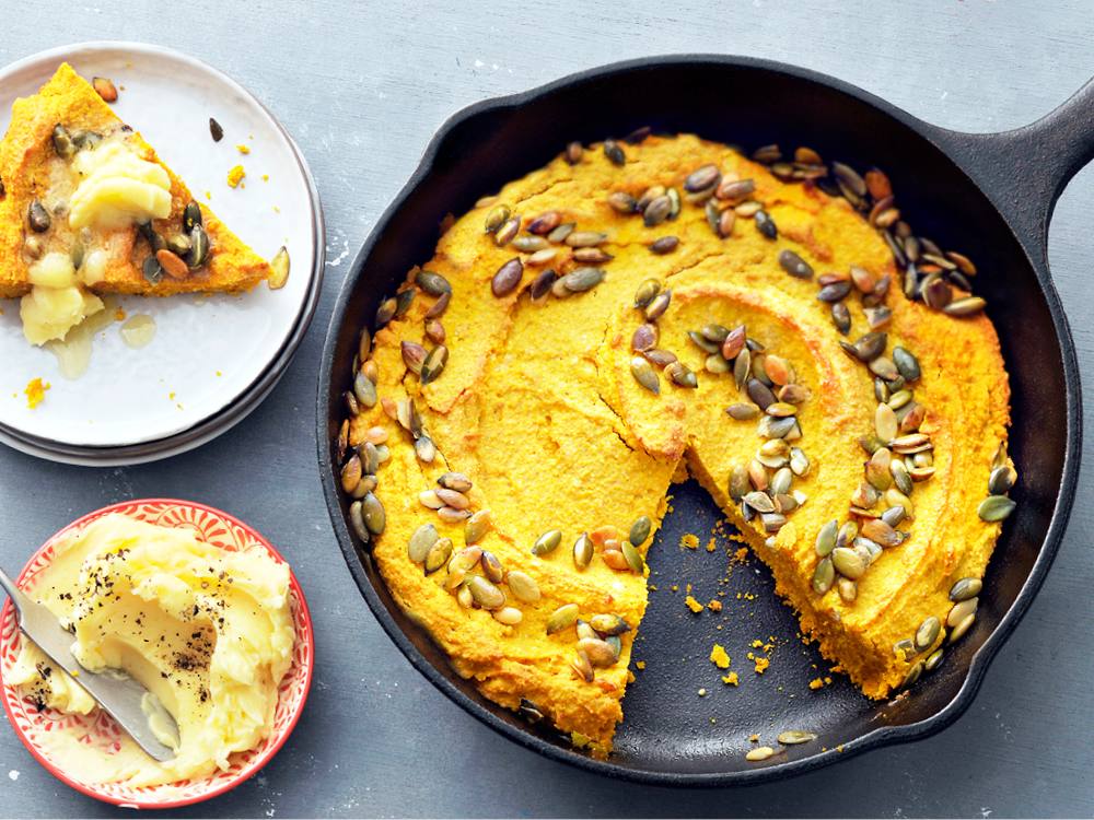 Pumpkin Skillet Cornbread with Honey Butter | Savory