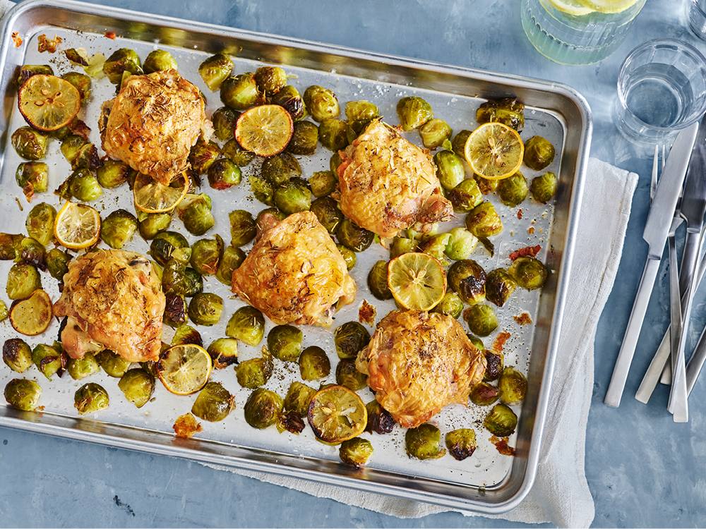 Sheet Pan Chicken Thighs over Caramelized Brussels Sprouts Savory