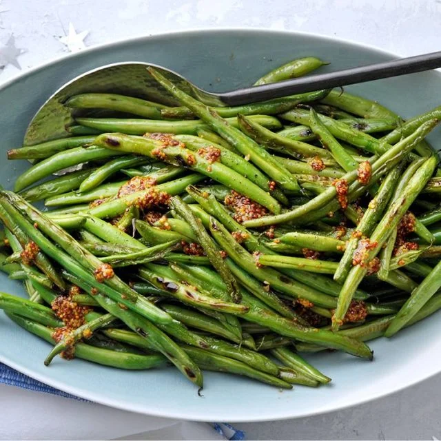 Garlicky Roasted Green Beans with Mustard Sauce