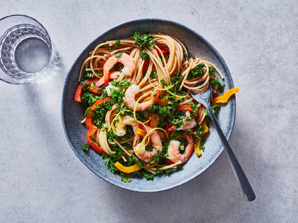 Spaghetti with Garlicky Greens and Shrimp | Savory