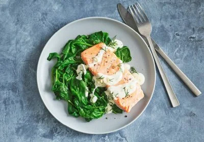 Broiled Salmon over Spinach