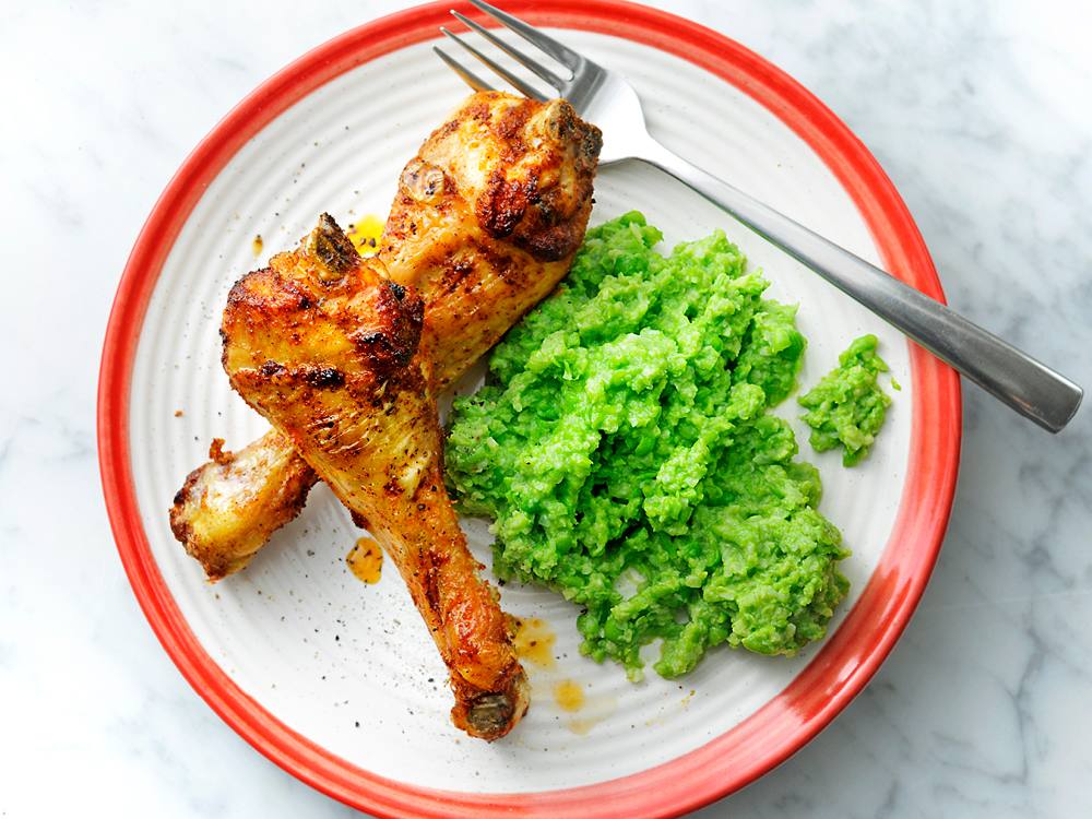 Air-Fried Chicken Drumsticks with Mashed Peas | Savory