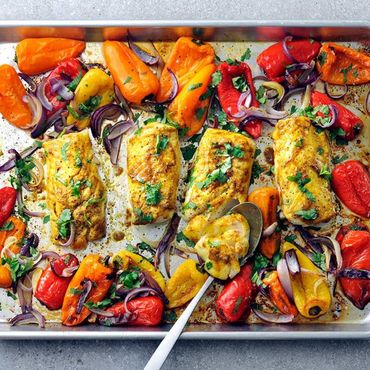 Spiced Cod Baked Curry-Spiced Cod with Peppers | Savory