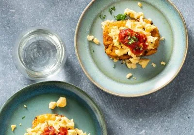 Scrambled Eggs with Potato Pancakes and Salsa