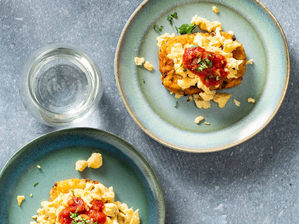 Scrambled Eggs with Potato Pancakes and Salsa Savory
